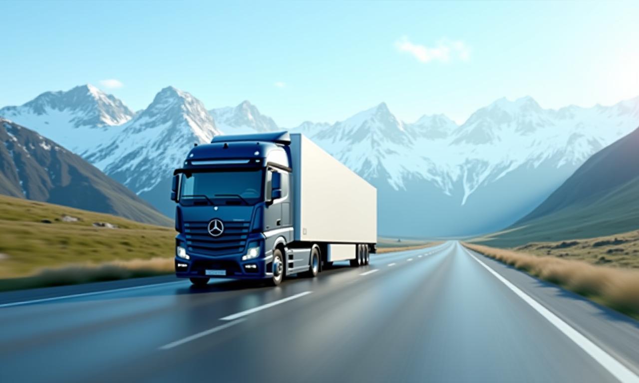 Lastwagen auf der Autobahn mit Alpen im Hintergrund, symbolisiert Logistik in Deutschland und Österreich